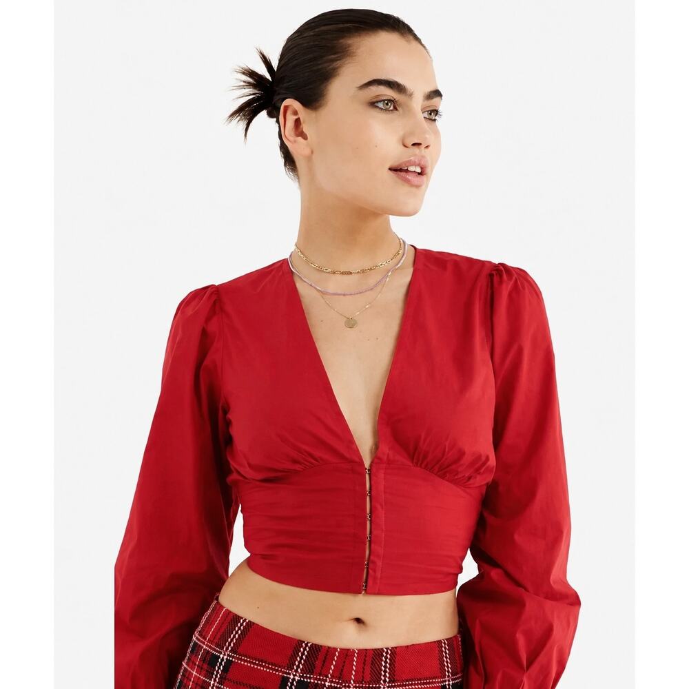Urban Outfitters Red Puff Sleeve Hook & Eye Crop Top Size M